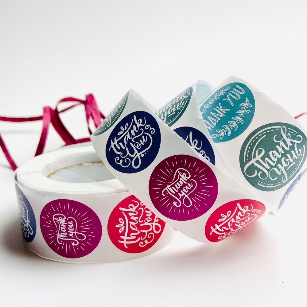 500 Roll multi color thank you packaging stickers. 1” round reseller stickers